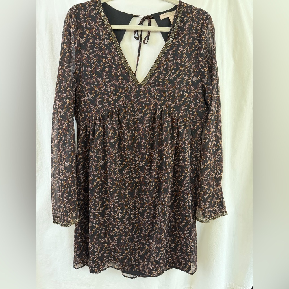 Floral Long Sleeve Bohemian Dress With Backless Cutout